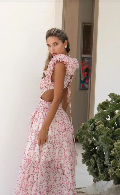 LYRA – Pink Cascade Maxi Dress